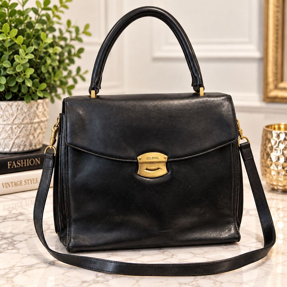 Vintage Goldpfeil Black Leather Handmade Germany Handbag